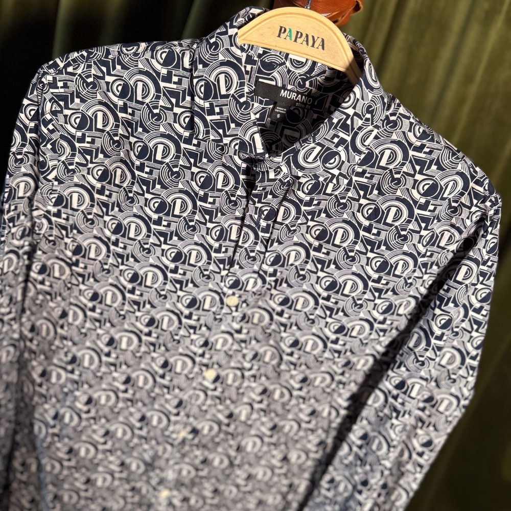 Murano Slim Fit Geometric Button Down Shirt Mens Small Navy White Cotton Print